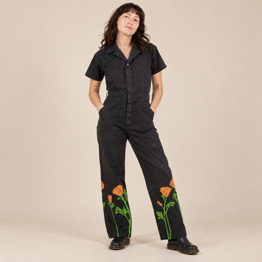Big Bud Press Black Poppy Short Sleeve Jumpsuit Workwear Artsy Size S